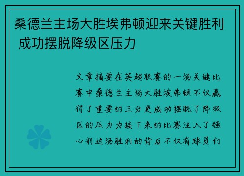 桑德兰主场大胜埃弗顿迎来关键胜利 成功摆脱降级区压力