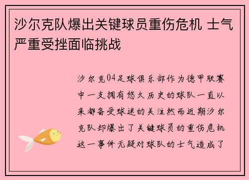 沙尔克队爆出关键球员重伤危机 士气严重受挫面临挑战
